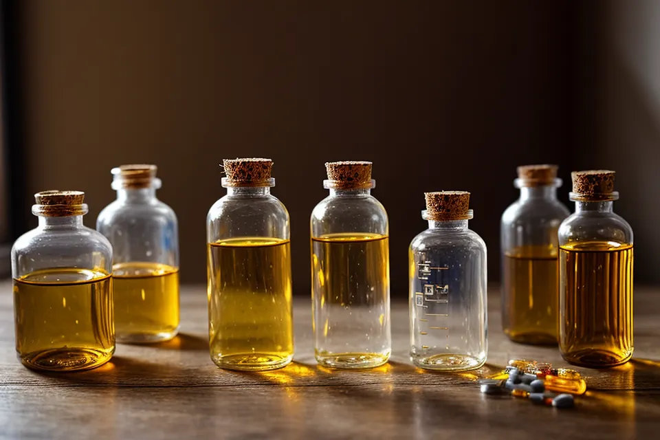 Une main triant des flacons de pharmacie pour les remplacer par des huiles essentielles.