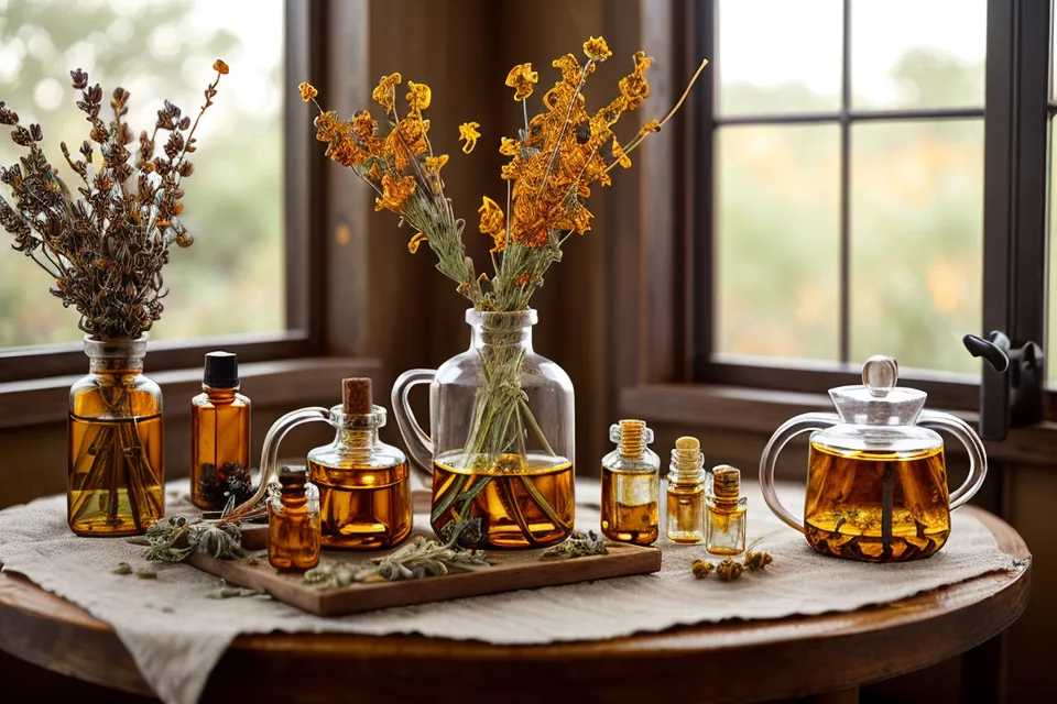 Flacon d'huiles essentielles anti-moustiques posé sur une table en bois pour un été tranquille