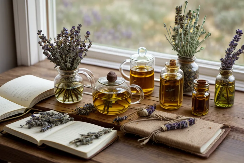 Flacon d'hydrolat doux et fleurs de lavande séchées pour toute la famille