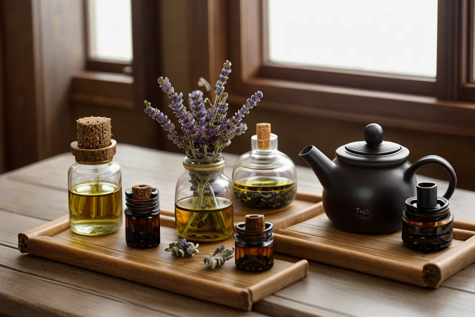 Flacons d'huiles essentielles de menthe poivrée et de lavande vraie utilisés en aromathérapie contre le mal de tête
